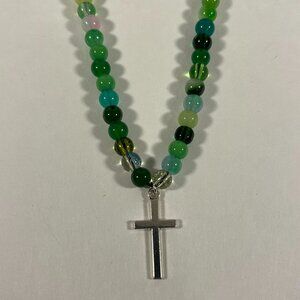 Silver Cross Green Glass Bead Necklace NWT